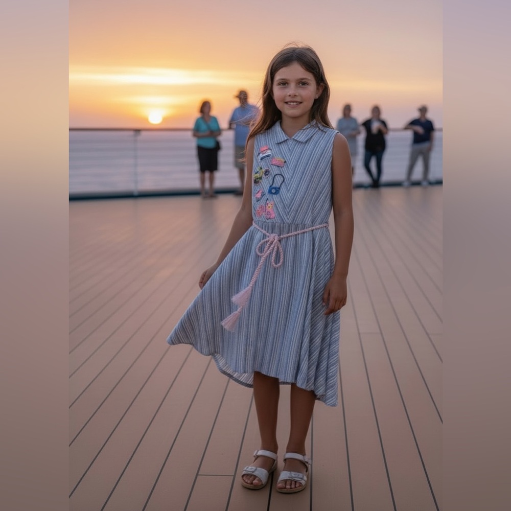Peppermint Girls Blue Stripe Linen Blend Embroidered Dress Size 10